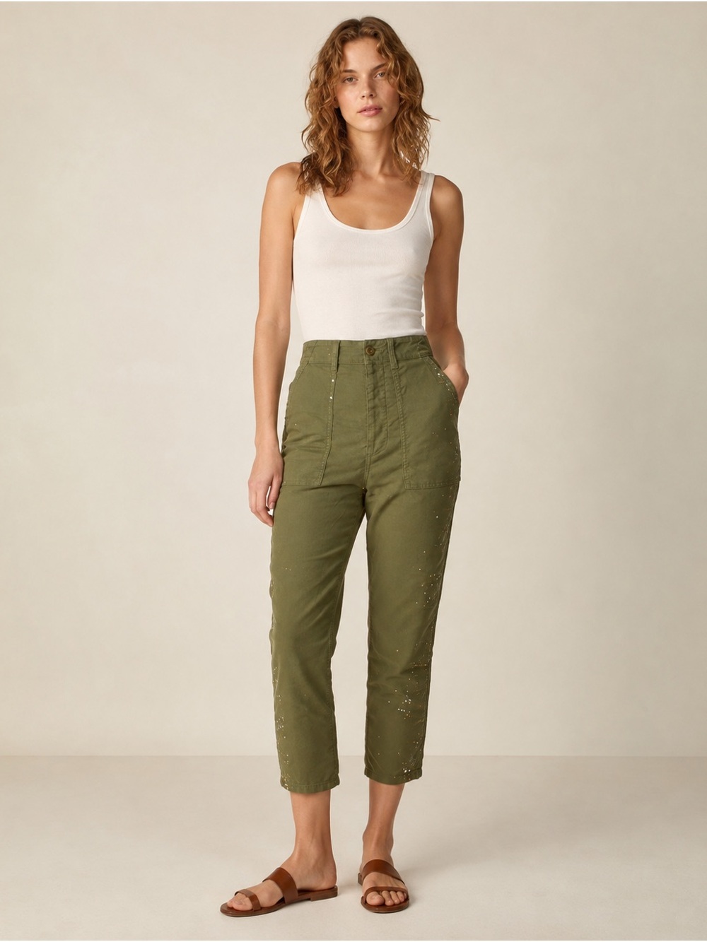 THE GREAT Olive Metallic Paint Splatter High Rise Cropped Utility Pants S EUC
